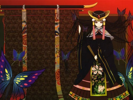HD PC desktop wallpaper featuring Jigoku Shōjo anime character in traditional attire with vibrant butterflies against a dark, ornate background.
