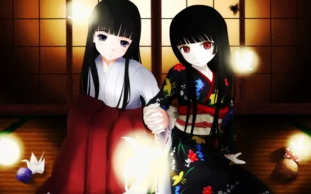 HD PC desktop wallpaper featuring two anime characters from Jigoku Shōjo sitting indoors with traditional Japanese decor and soft glowing lights around them.