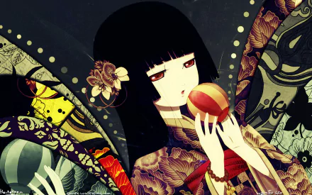HD anime desktop wallpaper featuring a character from Jigoku Shōjo with dark hair, red eyes, and intricate traditional Japanese attire holding a decorative sphere.