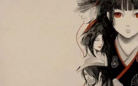 A striking anime-inspired HD desktop wallpaper featuring characters from Jigoku Shōjo, showcasing their distinct expressions and elegant design against a muted background.