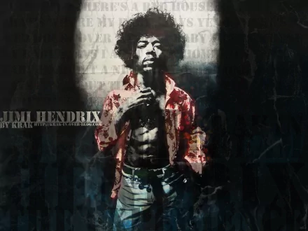 HD desktop wallpaper featuring Jimi Hendrix in a striking pose, blending vibrant colors and a textured background that highlights his iconic music legacy.