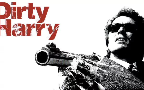 HD PC desktop wallpaper featuring a black-and-white image of Dirty Harry aiming his revolver, with the movie title in bold red text.