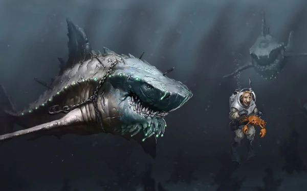 Artistic HD PC desktop wallpaper featuring a menacing mechanical shark confronting a deep-sea diver in a dark, eerie underwater environment.