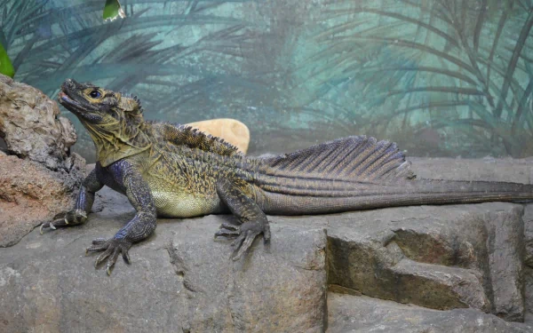 HD PC desktop wallpaper of a sailfin lizard reptile on a rock, its tall dorsal sail and textured scales displayed against a misty tropical background.