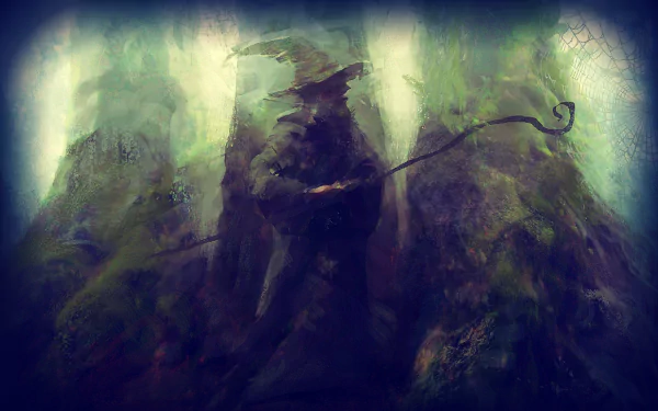 A mystical HD wallpaper featuring Gandalf, the iconic wizard from *The Lord of the Rings*, standing amidst an enchanting forest backdrop.
