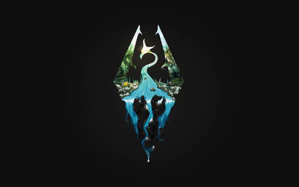 HD desktop wallpaper featuring the iconic logo of The Elder Scrolls V: Skyrim set against a black background, with vivid, detailed scenes from the game within the emblem.