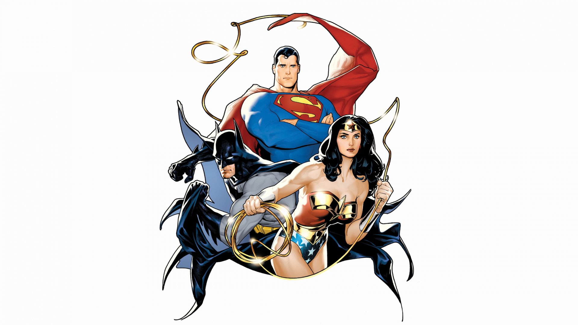 HD wallpaper featuring Wonder Woman, Superman, and Batman from DC Comics, showcasing iconic characters of the Justice League in a dynamic comic-style design.