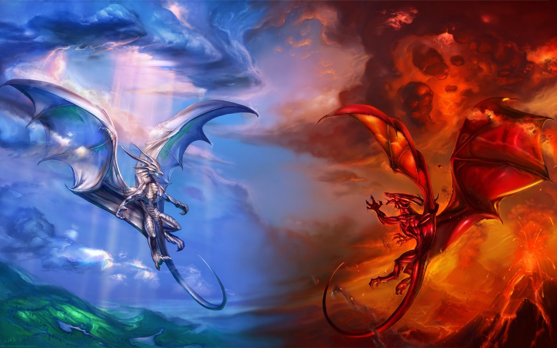 HD desktop wallpaper featuring a dramatic fantasy scene with two dragons soaring through a vibrant, colorful sky.