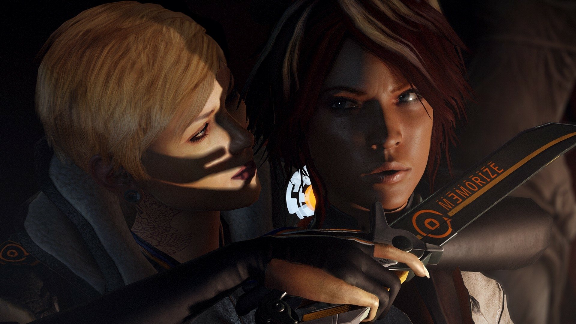 HD PC desktop wallpaper featuring Nilin from the video game Remember Me, highlighting her intense expression and a blade marked with the game's logo.