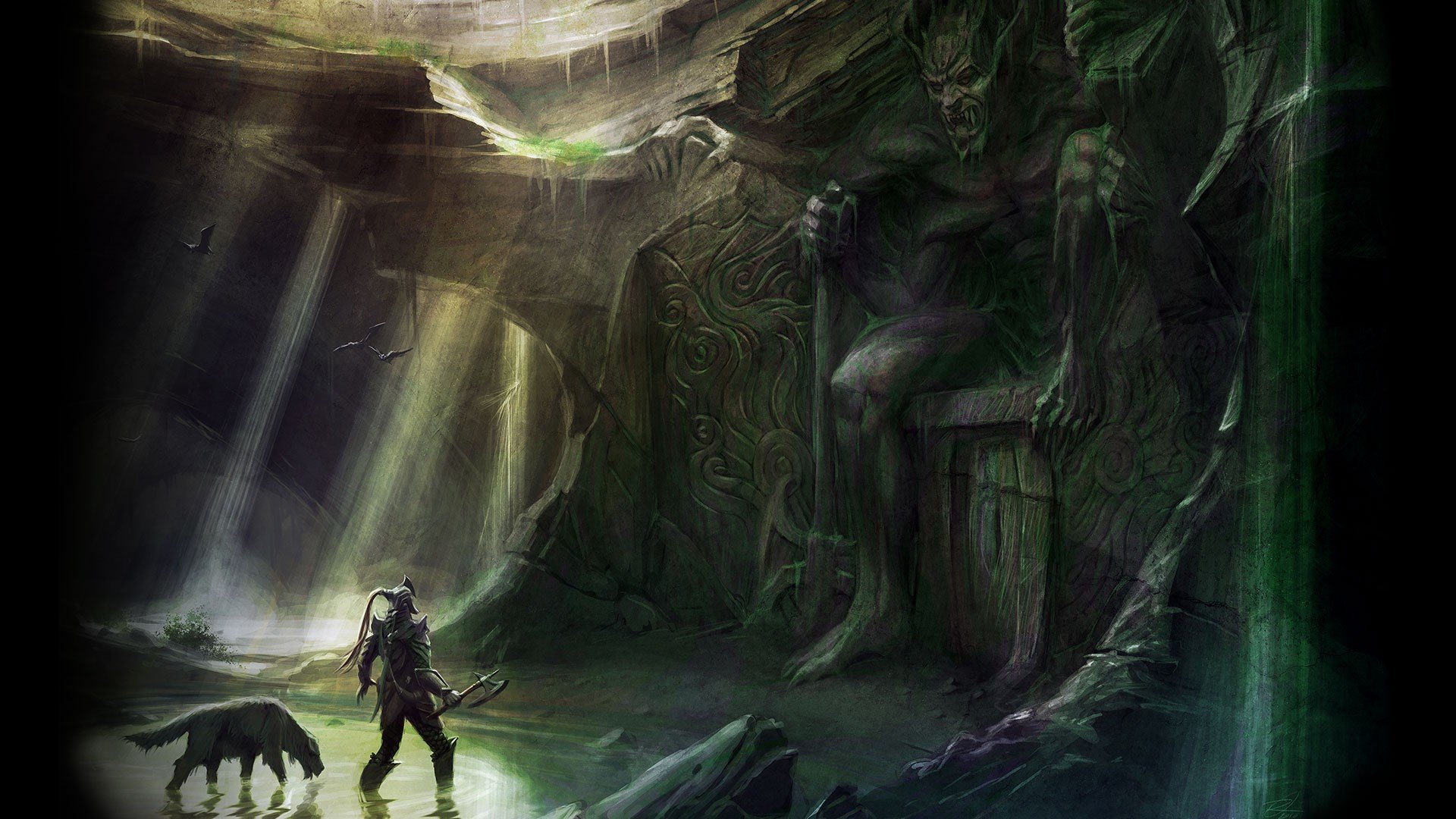 HD PC desktop wallpaper depicting a dark, ancient cave with a warrior and dog exploring, inspired by the video game The Elder Scrolls.