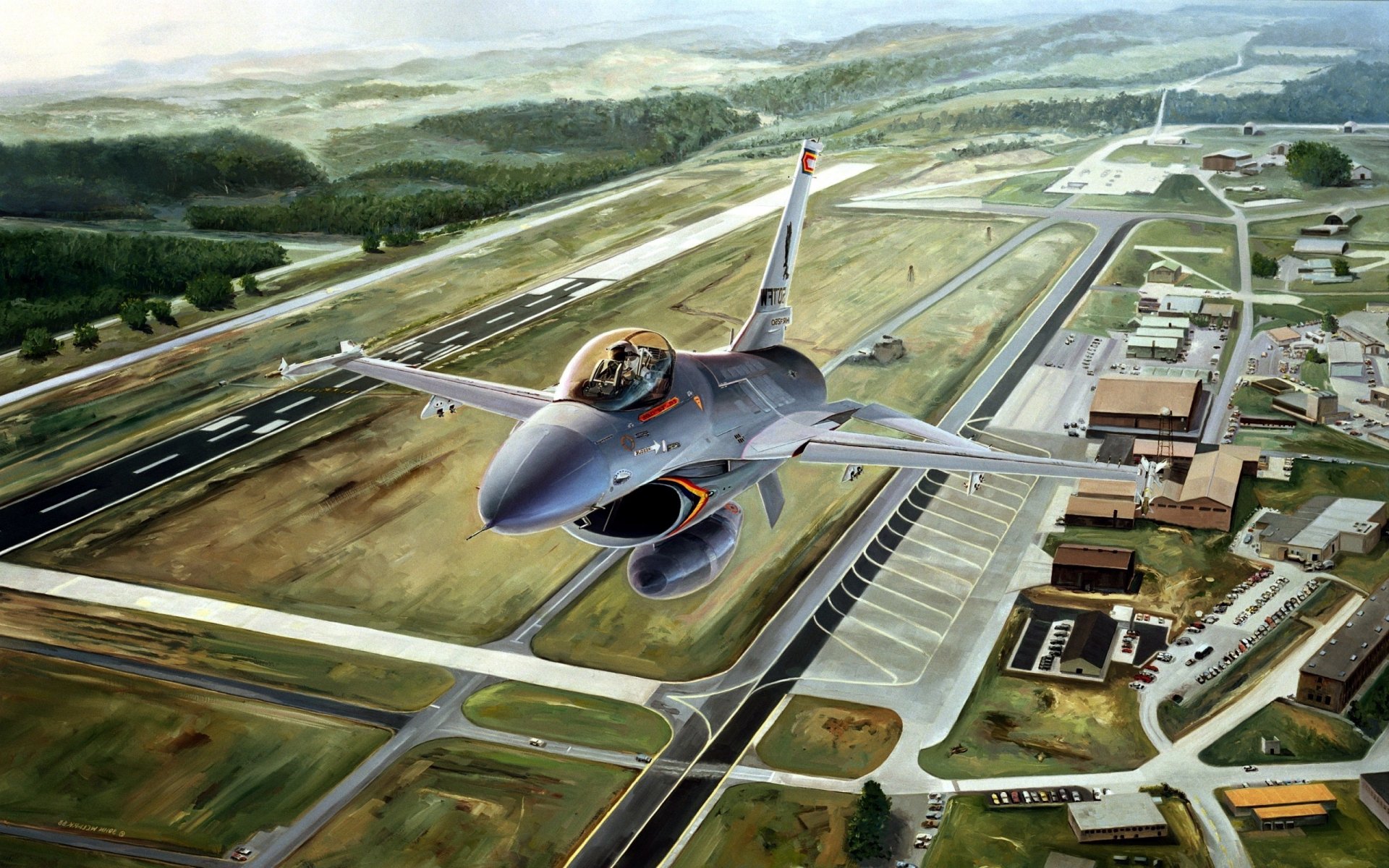 HD desktop wallpaper featuring a General Dynamics F-16 Fighting Falcon jet fighter soaring above a military airbase.