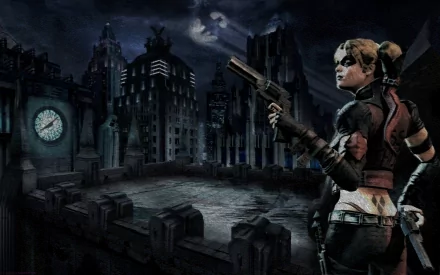 HD PC desktop wallpaper featuring a dark cityscape from Mortal Kombat Vs. DC Universe with a character in combat gear holding a gun.