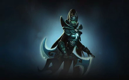 HD PC desktop wallpaper featuring Luna from DotA 2, depicted in dark armor with a glowing blue aura, capturing the video game's fantasy aesthetic.