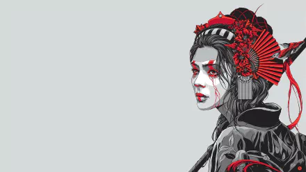 A striking HD wallpaper of a woman with an intricate hairstyle, adorned with red accents, exuding an artistic and captivating presence against a muted background.