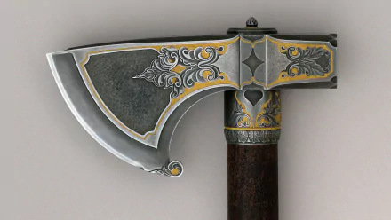 A detailed battle axe showcasing intricate metalwork and ornate designs, set against a neutral background. This HD image serves as a striking desktop wallpaper.