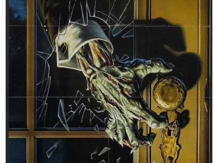 HD PC desktop wallpaper for the movie Night Of The Creeps: a rotting green hand smashes through broken glass, clutching a brass doorknob against a dark, shadowed background.