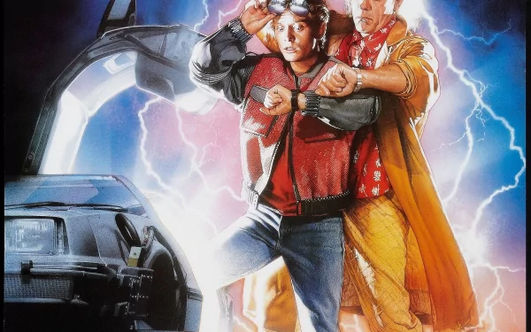 HD PC desktop wallpaper featuring the iconic characters from the movie Back To The Future Part II with the DeLorean time machine and vibrant lightning effects.
