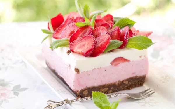 HD desktop wallpaper of a strawberry dessert pastry with layers of cake, creamy filling, and fresh strawberry slices garnished with mint leaves.
