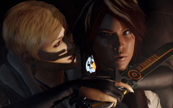 HD PC desktop wallpaper featuring Nilin from the video game Remember Me, highlighting her intense expression and a blade marked with the game's logo.