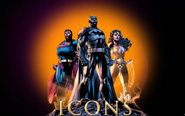 HD PC desktop wallpaper featuring iconic DC Comics superheroes Wonder Woman, Superman, and Batman standing heroically against a glowing orange background.