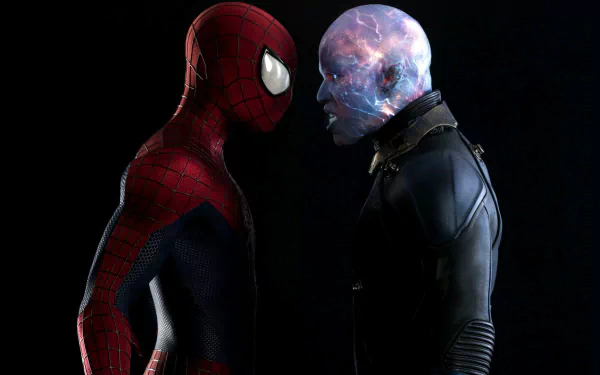A high-definition desktop wallpaper featuring Spider-Man facing off against Electro from The Amazing Spider-Man 2 movie. Both characters are shown in a dramatic, intense confrontation.