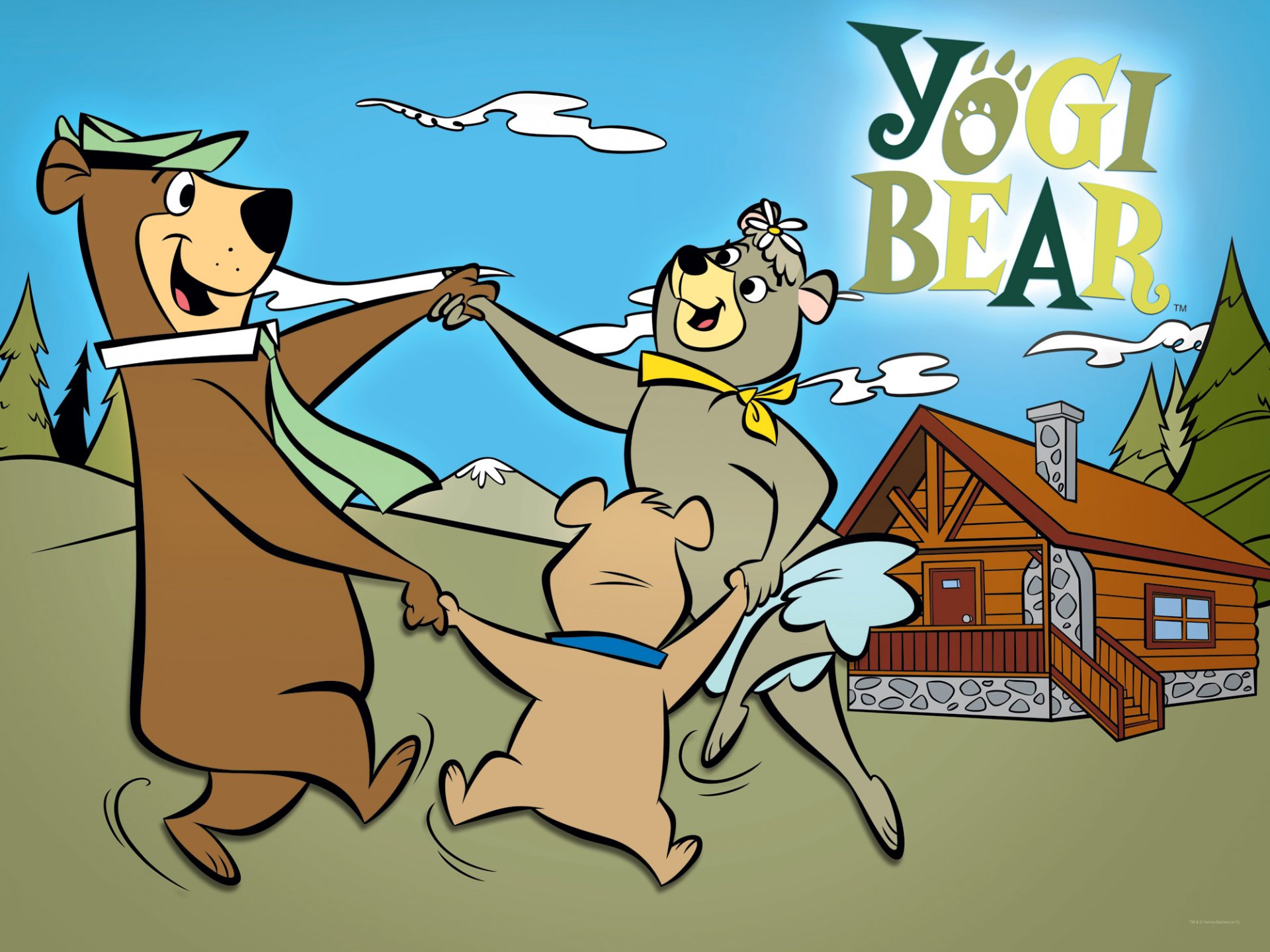 A vibrant HD wallpaper featuring Yogi Bear and friends joyfully dancing in a scenic forest setting, with a cozy cabin in the background.
