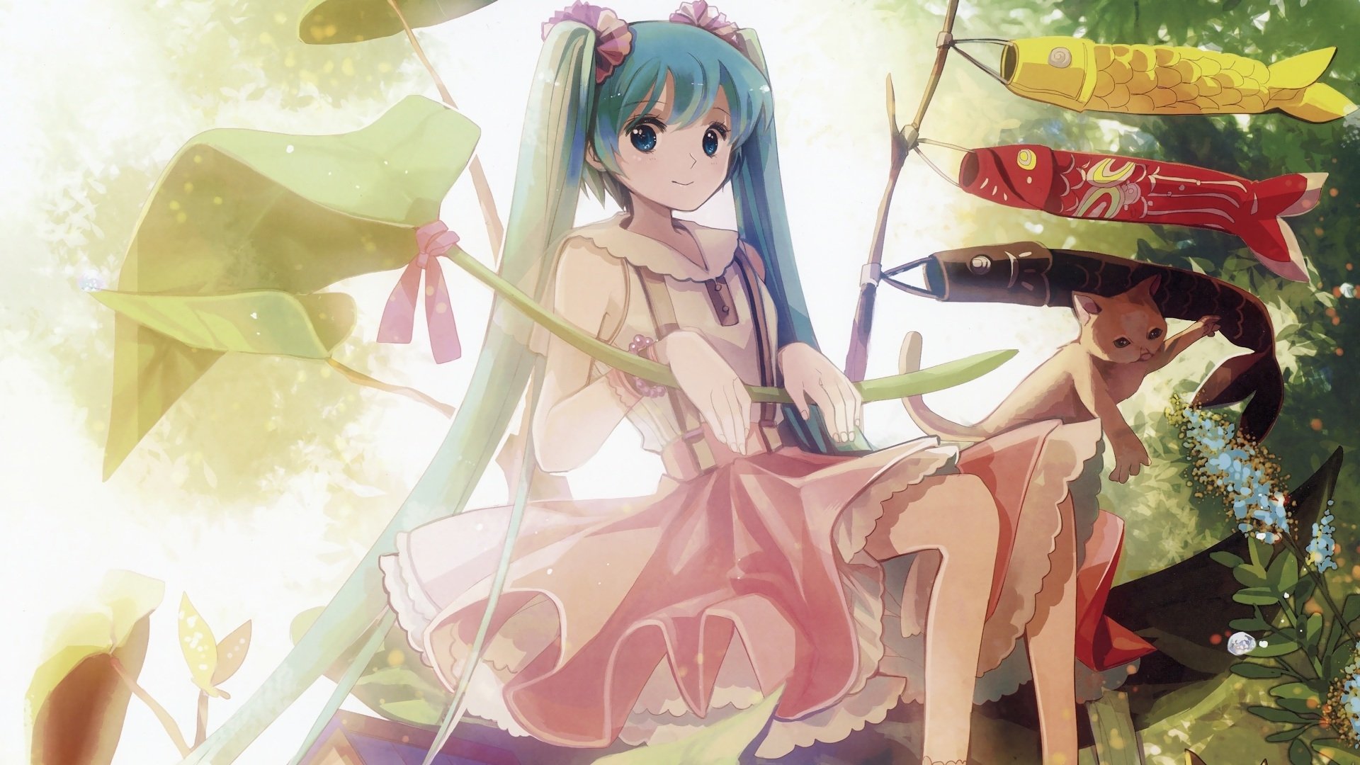 Anime-style artwork featuring Hatsune Miku from Vocaloid, sitting on a tree branch in a forest. This HD desktop wallpaper and background captures her in a serene and whimsical setting.