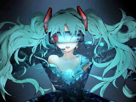 Anime art featuring Hatsune Miku from Vocaloid, portrayed with long teal hair and a futuristic visor, set against a high-definition background suitable as a desktop wallpaper.