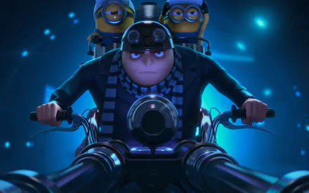Gru from *Despicable Me 2* rides a high-tech vehicle, flanked by two Minions. The scene is set against a vibrant blue background, creating a dynamic HD wallpaper for fans.