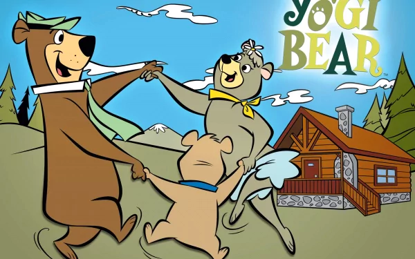 A vibrant HD wallpaper featuring Yogi Bear and friends joyfully dancing in a scenic forest setting, with a cozy cabin in the background.