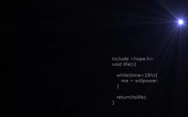 HD desktop wallpaper featuring a programming code snippet with a minimalist black background and a light flare.