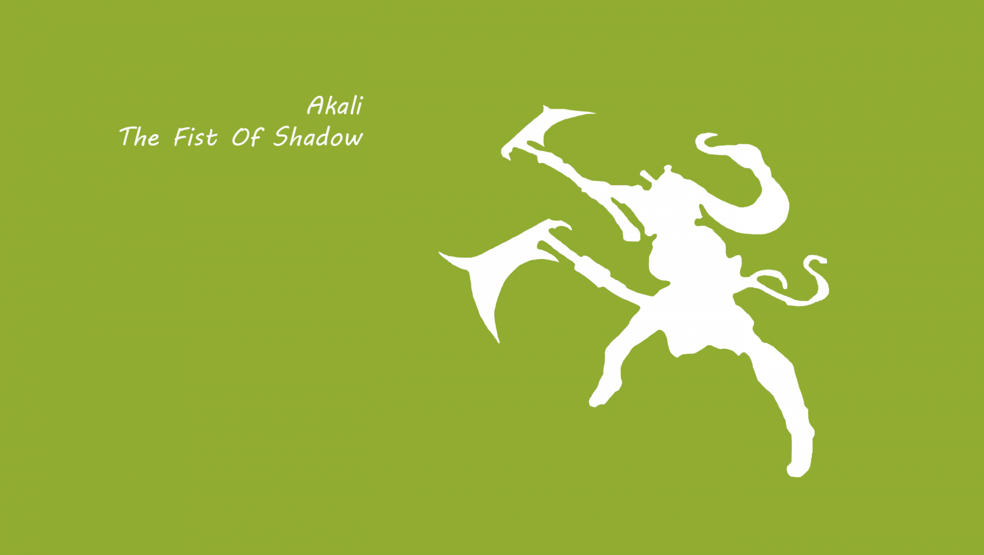 HD PC desktop wallpaper featuring a minimalist white silhouette of Akali from League of Legends with the text Akali The Fist of Shadow on a green background.