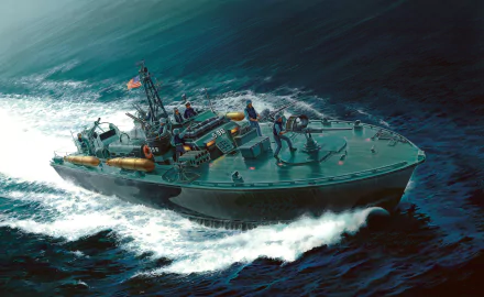 HD desktop wallpaper featuring a military PT boat cutting through ocean waves with crew members on deck in action.