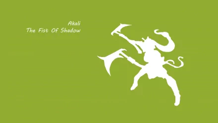 HD PC desktop wallpaper featuring a minimalist white silhouette of Akali from League of Legends with the text Akali The Fist of Shadow on a green background.