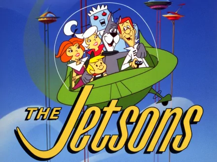 HD PC desktop wallpaper featuring the Jetsons family from the classic TV show inside their futuristic flying car against a blue sky background.
