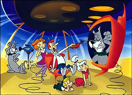 HD desktop wallpaper featuring the Jetsons TV show characters in a futuristic, colorful setting with George, Jane, Judy, Elroy, Astro, and their robot dog.