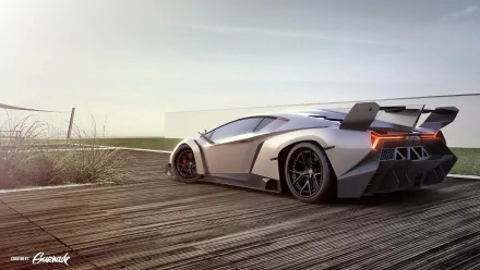 HD desktop wallpaper featuring a sleek Lamborghini Veneno parked on a modern wooden bridge, showcasing its stunning design and aerodynamic features in a serene, open landscape setting.