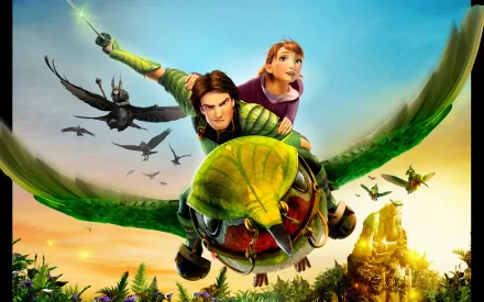 HD desktop wallpaper featuring animated characters riding a flying leaf, with a backdrop of a magical landscape and flying creatures. Tagged with Epic.