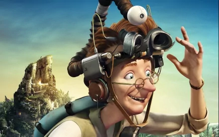 A cheerful character with inventive goggles and wild hair explores a vibrant landscape, showcasing a scene from the movie Epic. This HD desktop wallpaper brings adventure to your screen.