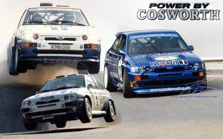 HD PC desktop wallpaper featuring three Ford Escort rally cars in action, showcasing the iconic vehicle powered by Cosworth.