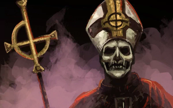 HD PC desktop wallpaper featuring a dark, stylized depiction of Ghost B.C.'s iconic skeletal figure in papal attire with a staff against a smoky background.