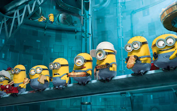 HD desktop wallpaper from Despicable Me 2 featuring a row of Minions in a colorful industrial setting.