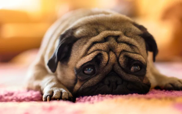 HD desktop wallpaper featuring a close-up shot of a pug lying on a pink rug, looking directly at the camera with a serene expression.