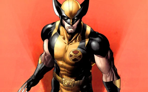 HD PC desktop wallpaper featuring a dynamic comic-style illustration of Wolverine in his classic yellow and black costume against a bold red background.