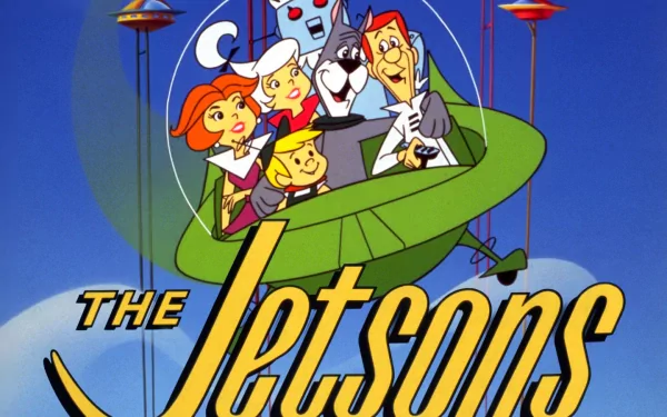 HD PC desktop wallpaper featuring the Jetsons family from the classic TV show inside their futuristic flying car against a blue sky background.