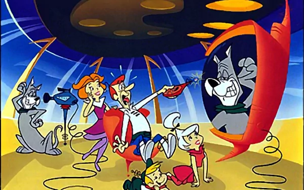 HD desktop wallpaper featuring the Jetsons TV show characters in a futuristic, colorful setting with George, Jane, Judy, Elroy, Astro, and their robot dog.