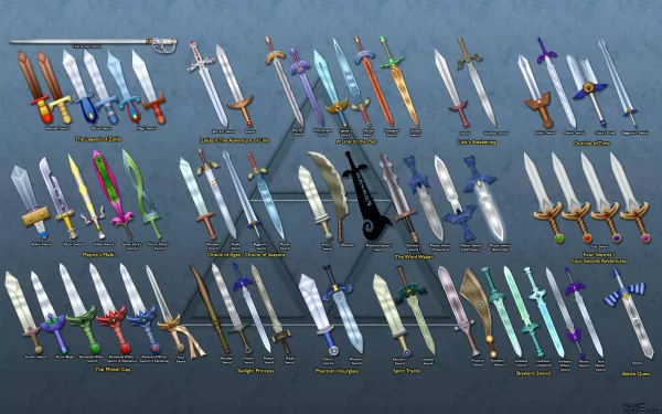 HD PC desktop wallpaper featuring an array of iconic swords from The Legend of Zelda video game series, displayed neatly on a blue-gray background.
