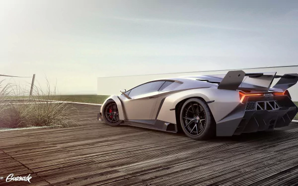 HD desktop wallpaper featuring a sleek Lamborghini Veneno parked on a modern wooden bridge, showcasing its stunning design and aerodynamic features in a serene, open landscape setting.