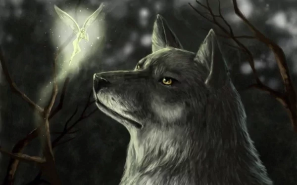 HD desktop wallpaper featuring a mystical scene with a grey wolf intently gazing at a glowing fairy in a dark, forest setting.