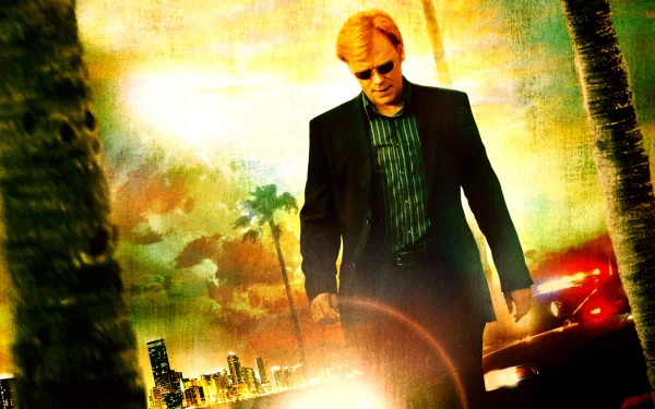 HD PC desktop wallpaper featuring a character from the TV show CSI: Miami against a vibrant Miami skyline with palm trees and city lights.